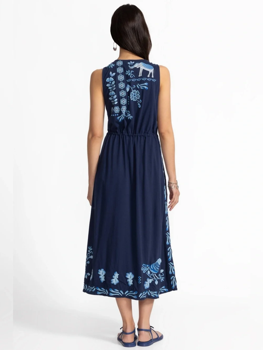 NWT JOHNNY WAS EMBROIDERED BLUE BOHO DRAWSTRING RESORT WEAR YADIRA MIDI DRESS 3X - Picture 2 of 10